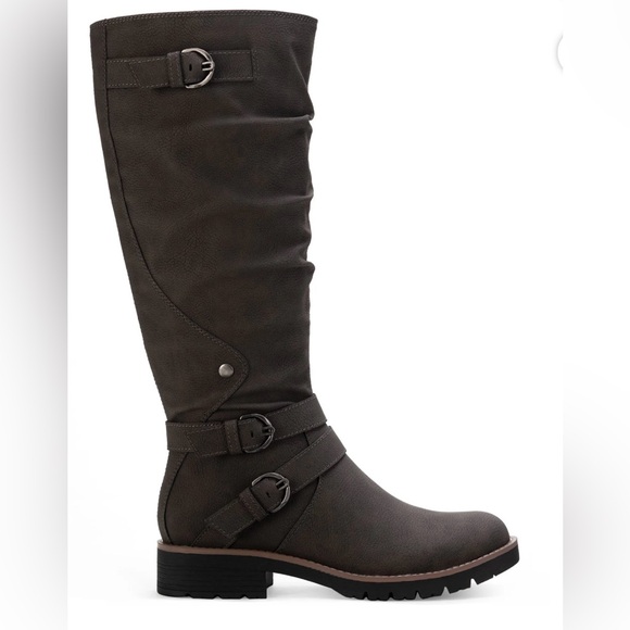BRAND NEW SUN STONE Gray LugSole Ruched Buckle Block Heel Zip-Up RidingBoot 5.5M - Picture 1 of 3